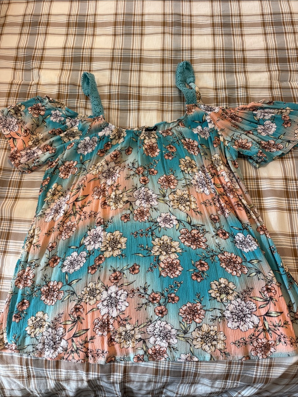 torrid Teal and Peach Floral Off-Shoulder Tunic